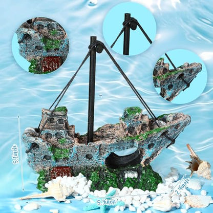 Aquarium Decorations Large Kit Resin Sunken Shipwreck | Undersea Treasure Chest, Ancient Castle Ruins Tunnel House, Simulated Artificial Water Plants, Fish Shrimp Cave Hide, Safe