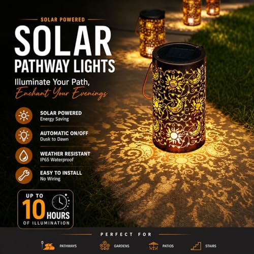 Solar Lantern Outdoor Waterproof with Sun Moon Stars Patterns, Garden Tangled Decor for Yard Patio Lawn Porch Backyard, Ramadan Light Unique Gifts for Women - style: (Bronze-4" Dia) Sun-Moon-Star