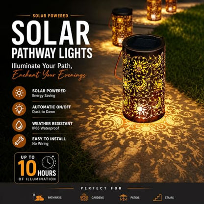 Solar Lantern Outdoor Waterproof with Sun Moon Stars Patterns, Garden Tangled Decor for Yard Patio Lawn Porch Backyard, Ramadan Light Unique Gifts for Women - style: (Bronze-4" Dia) Sun-Moon-Star