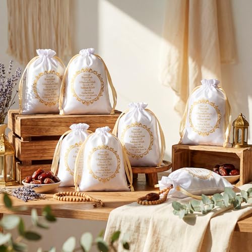SATINIOR 36 Pcs Eid Ramadan Mubarak Satin Gift Bags 5 x 7 Inch Drawstring Eid Party Favor Silk Bags Mubarak Jewelry Pouch for Islamic Ramadan Gift Supplies Candy Bag Muslim Party Decoration