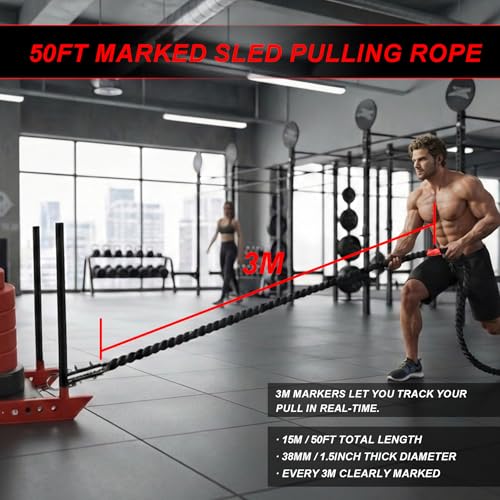 J Bryant Weighted Sled Pull Rope with 3m Interval Markers, Braided Polyester Training Rope with Storage Bag & Carabiner for Home Gym Conditioning - size: 15m