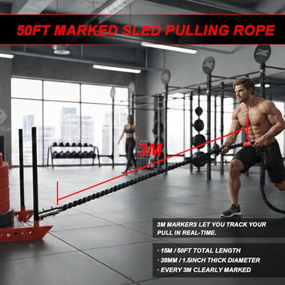 J Bryant Weighted Sled Pull Rope with 3m Interval Markers, Braided Polyester Training Rope with Storage Bag & Carabiner for Home Gym Conditioning - size: 15m