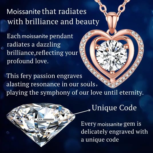 Heart Pendant Gold Necklace for Women Moissanite Lab-Created Gem I Love You Wedding Anniversary Birthday Christmas Valentine Engagements Mothers Day Jewelry for Wife Her Girlfriend Mom Daughter - color: 2CT-Rose Gold