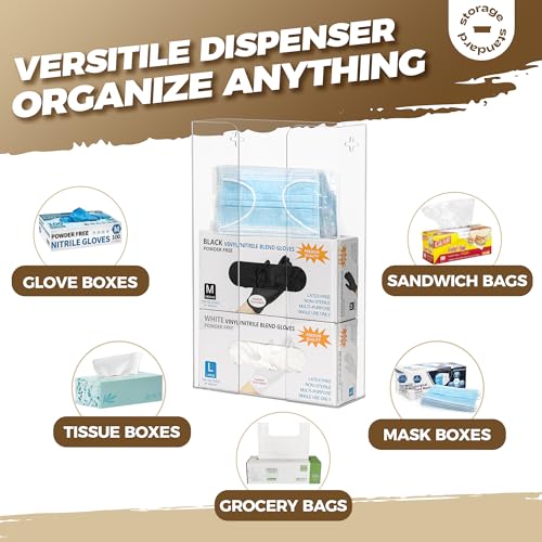 Storage Standard Triple Glove Box Holder Dispenser - Kitchen, Medical, & Latex Glove Holder Wall Mount or Countertop, Universal Fit - Thick Acrylic, Easy to Use, Slide, & Load Open Top Design - Clear - color: Clear - Triple