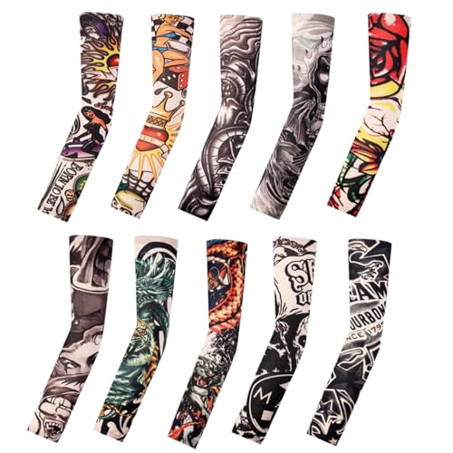 Tattoo Sleeves for Men Women Sun Protection UV Compression Arm Sleeves Breathable Skin Cover for Outdoor Sports - color: 014-10pc