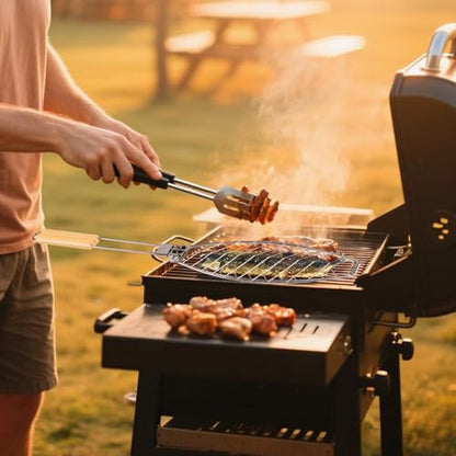 Fish Grill Basket, Iron Foldable Basket with Wooden Handle Non-Stick Grilling Rack Outdoor Cooking Tools Accessories Ideal for Any Fish Barbecue