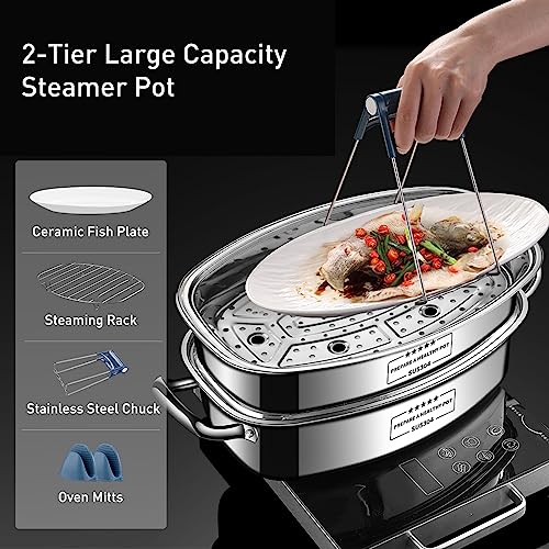 Eglaf 2-Tier Stainless Steel Fish Steamer - Multi-Use Square Steaming Cookware with Rack, Ceramic Plate, Chuck, Oven Mitts - Stockpot for Steaming Fish, Boiling Soup | Multi-Use Steaming with Rack, Ceramic Plate, Chuck, Oven Mitts, Stockpot for Steaming F