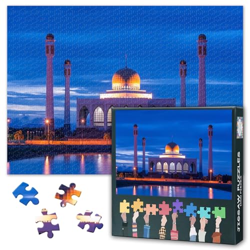 Jigsaw Puzzle 1000 Pieces for Adults Islamic Wall Art White Mosque in Southern Thailand Muslim Home Decor Mosque Painting Canvas Art Style Large Puzzle 27.5x19.7 Inch - color: Artwork-03
