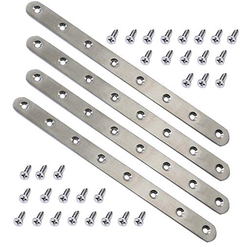 4 Pcs 9.7" Stainless Steel Flat Brackets, Mending Plates with 32PCS Screws | 8-Hole Design for Secure Fixing, Ideal for Wood/Board/Bed Frames/Furniture/Shelves, Rust-Resistant Steel, with Mounting Screw