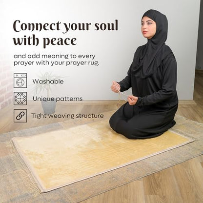 Prayer Rug - Soft Plush Turkish Janamaz Sajada Carpet for Men and Women - Plain Solid Prayer Mat Ramadan Eid Gift - with Prayer Beads - Luxury Floral Stamp, Dark Yellow - color: Dark Yellow