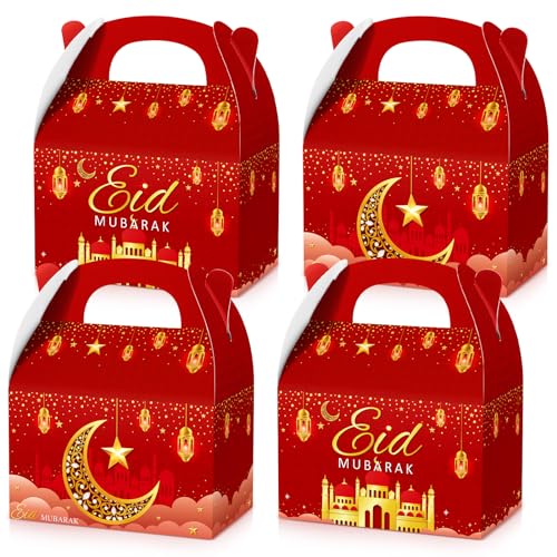 TaoBary 24 Pack Ramadan Treat Boxes Eid Mubarak Gift Boxes Mosque Star Moon Lantern Party Favor with Handle Bulk Ramadan Goodie Candy Bag for Eid Al Fitr Packages Supplies(Red) - color: Red