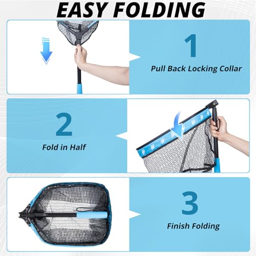 Floating Fishing Net for Fly Fishing, Foldable Landing Net | 31.2" Length, 15"x11.8" Hoop, Fish Net with Rubber Coated Polyethylene Mesh for Bass, Trout, Kayak & Boat Fishing - color: Blue
