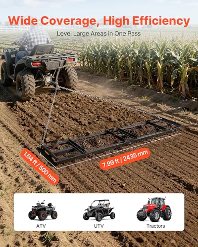 VEVOR Drag Harrow, 96 x 20 in, Tow-Behind Driveway Grader with Adjustable Width & 50lbs Load Capacity, Heavy Duty Lawn Leveling Rake, Galvanized Steel Gravel Driveway Drag, Fits ATVs UTVs Tractors - size: 8 FT- Black