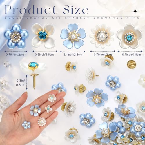 50 Pcs Pearl Rhinestone Brooch Pin Flower Embellishments Brooches and Pins for Women Lapel Pins No Sew Button Charms Accessories for Clothes Bags Wedding DIY Crafts, 5 Styles - color: Blue