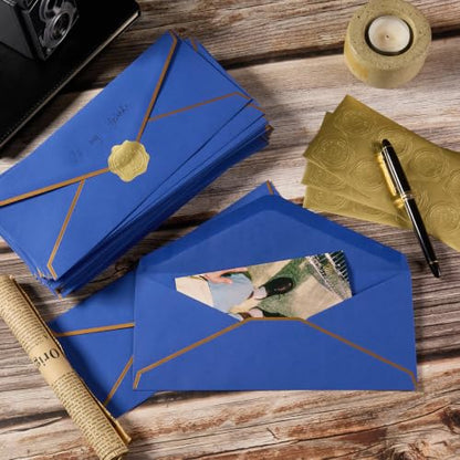 100 Pack #10 Business Envelopes with Gold Stickers, Blue - color: Blue