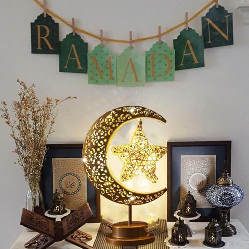Lifnatty Ramadan Decorations Moon Lamp, Ramadan Decor for Home, Eid Mubarak Decorations, Ramadan Eid Gifts, Enchanted Lunar Table Lamp, Half Moon Lights, Battery Operated Moon Star Night Light - style: Moon Star Lamp
