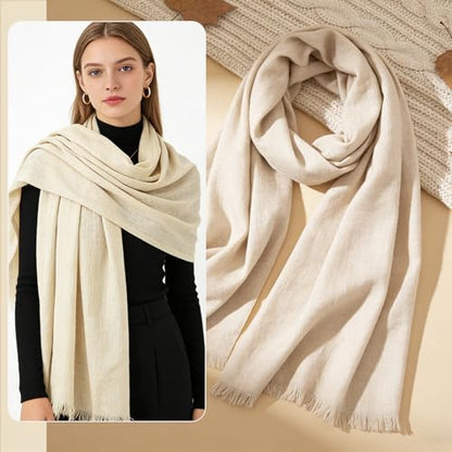 Extra Large Cotton Linen Shawl Wrap for Women, Elegant Scarf with UV Protection Breathable Lightweight Head Cover Hijab - color: Cream White