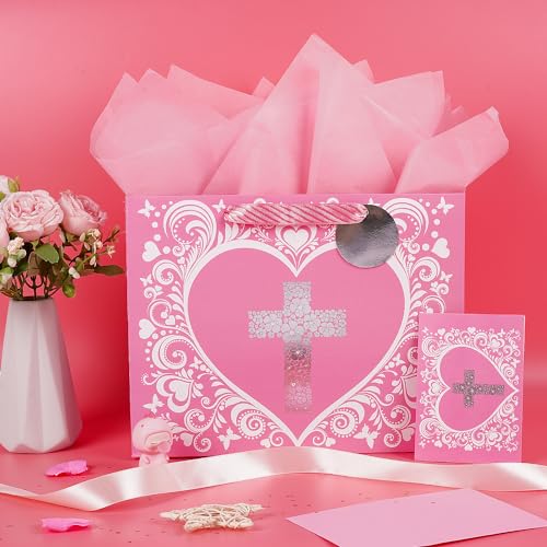 JWSCYSY 12.6" Large Pink Gift Bag with Metallic Silver Floral Cross Design, Card and Tissue Paper for Baby Girl Baptisms, Christenings, First Communions Religious - color: Pink 12.6"