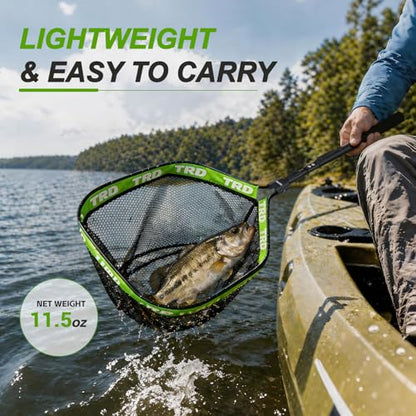 AluFloat X1 Fishing Net with Handle (Fish Net) - Floating Foldable Rubber-Coated Deep Mesh Landing Net for Bass & Fly Fishing - Fishing Gear, Kayak Accessories, Fishing Accessories - color: green