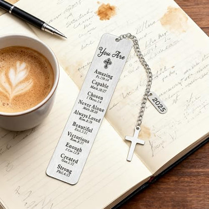 Bible Bookmark with Cross Charm, Christian Bible Bless Verse Engraved Stainless Steel Page Marker, 2025 Year Tag, Gift Box — Graduation, Confirmation, Baptism, Teacher, Women Men, Book Lover Gifts