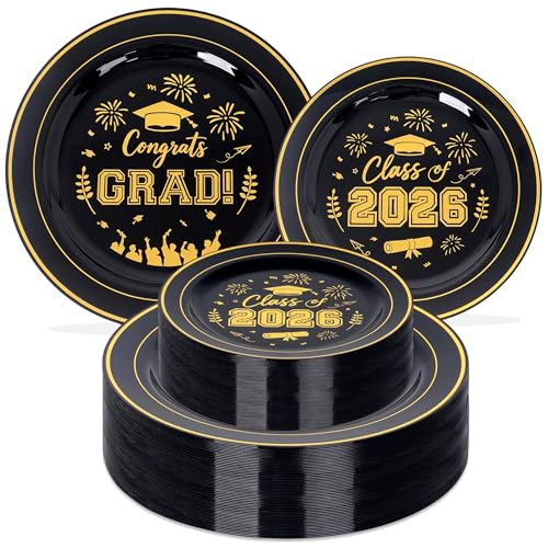 100 Pcs Graduation Plastic Plates,2026 Black Gold Graduation Disposable Plates for 50 Guests,50 Dinner Plates 10 inch & 50 Dessert Plates 7 inch for Party,Holiday - color: Black/Gold