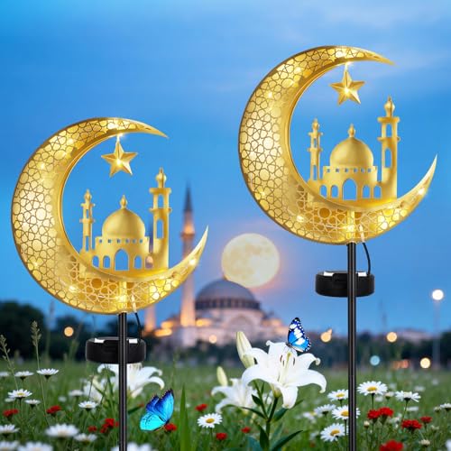 Lewondr 2Pcs Ramadan Solar Lights, Ramadan Decorations Outdoor - color: Gold A