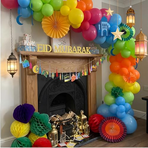Batiyeer 32 Pcs Eid Mubarak Decorations 3D Felt Ramadan Banner Set with Lantern Moon Palace for Islam Muslim Celebration Lesser Bairam Party Hanging Decor
