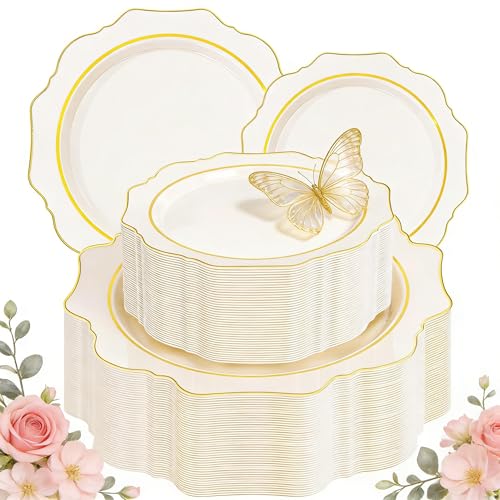 WDF 100PCS Ivory Plastic Plates with Gold Rim - Cream Plastic Plates - Include 50 Dinner & 50 Dessert Fancy Disposable Plate for Party - Heavy Duty Beige Plate for Baby Shower/Wedding - color: Ivory, size: 100