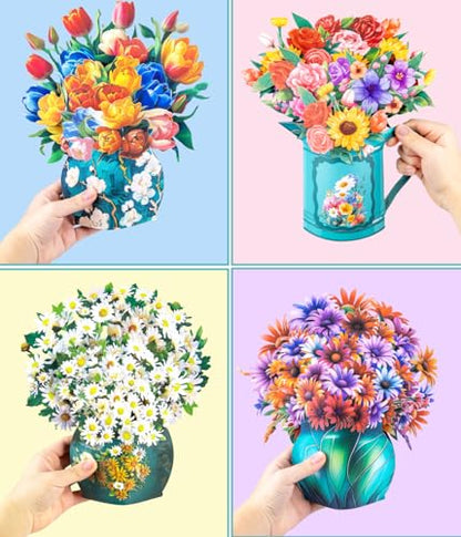Magic Ants Pop Up Floral Bouquet Cards Set – Greeting Cards with Envelopes & Blank Notes for Women's Birthday, Mother's Day, Thank You, Get Well - style: ‎Gerbera Daisies, Tulips, Sunflowers & Roses, White Dasies