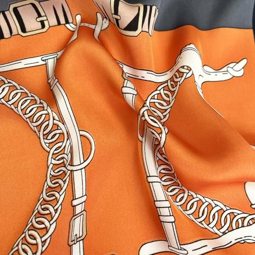 FONYVE Silk Feeling Scarf Medium Square Satin Head Scarf for Women 27.5 × 27.5 inches - color: 04 Orange & Purple Chain