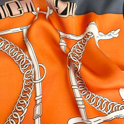 FONYVE Silk Feeling Scarf Medium Square Satin Head Scarf for Women 27.5 × 27.5 inches - color: 04 Orange & Purple Chain