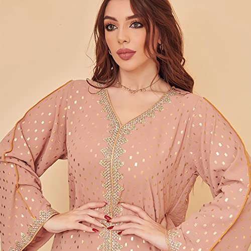 FPOVFPO Women's Muslim Abaya One-Piece V Neck Bronzing Dress Islamic Full Length Kaftan Daily Casual - color: Pink, size: X-Large