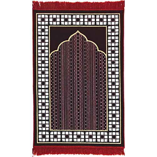 Modefa Prayer Mat - Thin Lightweight Velvet Turkish Muslim Prayer Rug - Prayer Rug Islam Men - Islamic Prayer Rug Sajjadah Prayer Mats Namaz Mat for Salah Islamic Gift Car Hanger - Vined Arch (Red) - color: Red