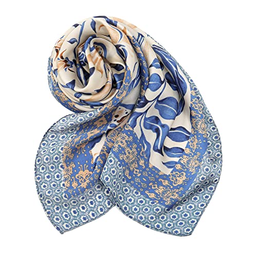 RIIQIICHY Women Head Hair Scarf Like Satin Silk Scarf Sleeping Hair Wrapping Night 27.5" - color: Light Blue/White/Beige