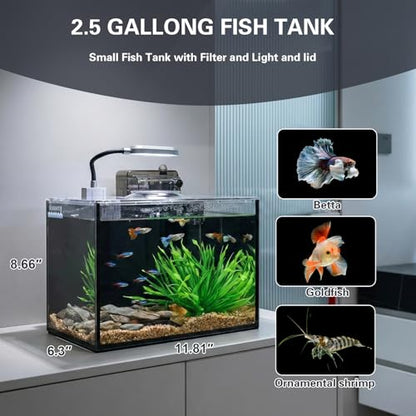 2.5 Gallon Nano Aquarium Kit, Glass Small Fish Tank Starter Kit with Light, Filter, Gravel Rock,Lid. Ultra Clear Rimless Desktop Fish Tank for Small Fish,Betta,Shrimp.Complete Version, Black