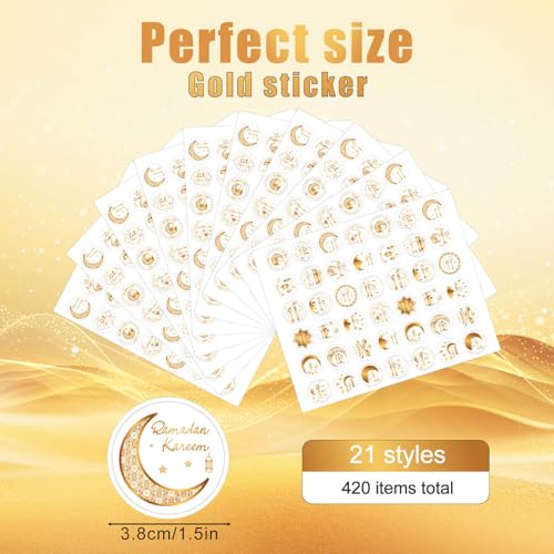420pcs Eid Mubarak Stickers, 3.8cm/1.5in Round Self-Adhesive Ramadan Islamic Muslim Stickers Ramadan Kareem Labels for Party Favors Gift Wrapping & Celebration Decor Supplies