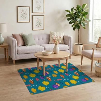 4'x6' Washable Graphic Fish Accent Rug, Teal Non-Shedding Small Carpet for Playroom, Bedroom, Reading Nook, Pet Friendly & Kids Safe Play Mat | Ref:1886587 - color: Blue/Pattern 15, size: 4' x 6' (Rectangular)