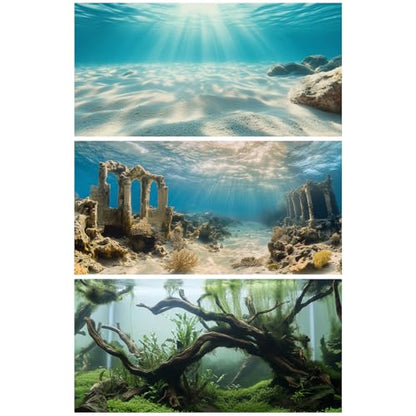 3 PCS Aquarium Background, 36x18 inch Polyester Fish Tank Background | Cloth Fish Tank Background, Undersea Ruins Floor Sunshines & Tree Wood Branches Aquatic Plants - size: 36x18 Inch