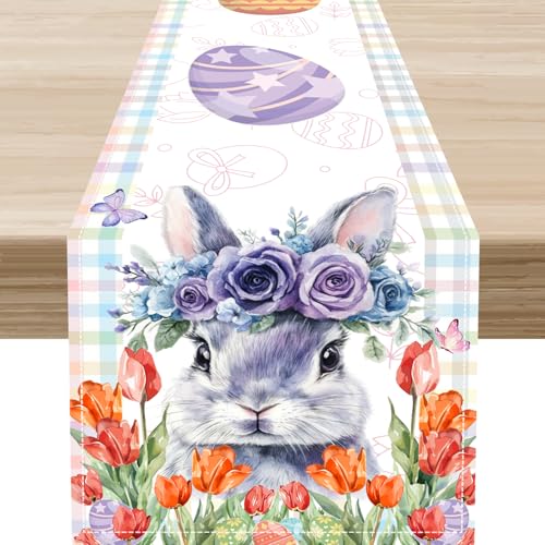 Happy Easter Table Runner, Purple Bunny Eggs Rainbow Buffalo Plaid Check Table Decor for Home Kitchen Dining Patio Holiday Party Indoor Outdoor Decorations 13x36 inch - color: Easter-7, size: 13x36" Table Runner