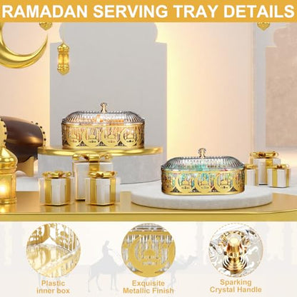 Willinglong 2 Pcs Ramadan Trays with Lid Eid Mubarak Gold Plates Dishes Table Decoration Muslim Islamic Serving Trays Metal Dessert Storage Container for Celebration (Ramadan Moon) - style: Ramadan Moon
