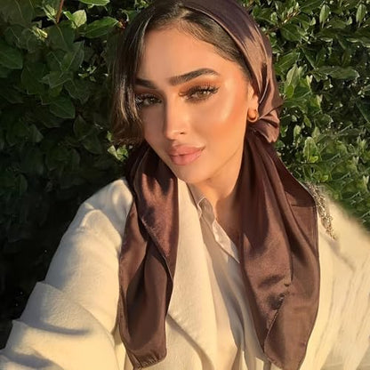 vimate 35" Square Silk Like Head Scarf - Women's Fashion Satin Scarf Bandana for Hair Wrapping at Night. - color: E#. Light Coffee