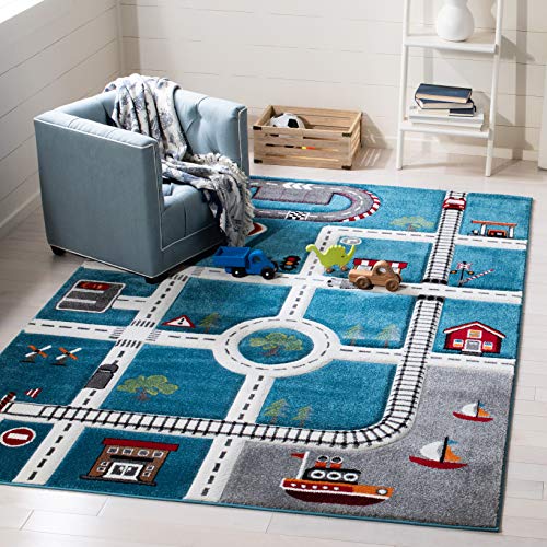 SAFAVIEH Carousel Kids Collection Area Rug - 6'7" x 9', Turquoise & Ivory, Non-Shedding & Easy Care, Ideal for High Traffic Areas for Boys & Girls in Playroom, Nursery, Bedroom (CRK192K) - color: Turquoise/Ivory, size: 6'7" x 9' (Rectangular)
