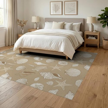 6'x9' Washable Beachy Starfish Area Rug, Tan Foldable Non-Slip Large Carpet for Queen Size Bedroom, Under Bed, Master Bedroom, Foldable Easy Care Carpet| Ref:1886596 - color: Beige/Pattern 24, size: 6' x 9' (Rectangular)