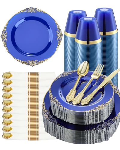 Goodluck 350 Piece Clear Blue Plastic Dinnerware Set for 50 Guests - color: Clear Blue, size: 50 Guests