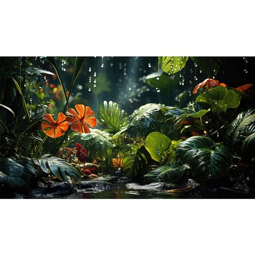 Raining Jungle Leaves Aquarium Background Green Palm Leaf Fish Tank Background Tropical Leaf Nature Landscape Reptile Tank Backgrounds Foggy Misty Rainforest Reptile Enclosure Backgrounds 24x12in - color: Orange_Green, size: 24(W)x12(H)inches/ 60(W)*30cm(