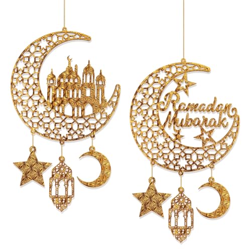 2 Pcs Ramadan Ornaments for Home Decor, Wooden Eid Mubarak Pendant Ornament Ramadan Moon Castle Hollow Hanging Signs for Wall Muslim Islam Festival Decoration - color: Style 2