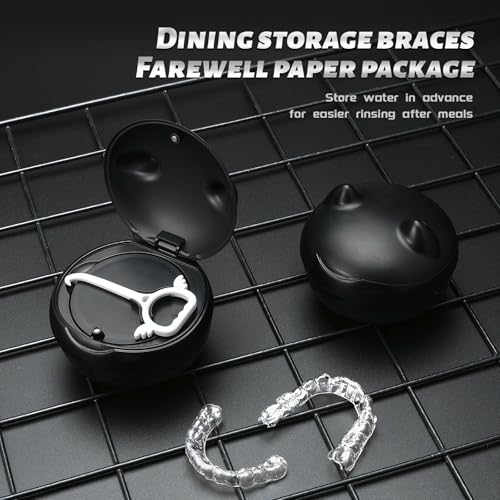 Retainer Case Denture Bath Case Basket Mirror Leak-proof Black Cat | 2-in-1 design Strainer Basket No-Leak Cleaning Case for Mouth Guard Cute Removal Tool,Aligner chewies,Bursh - color: Black Cat