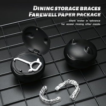 Retainer Case Denture Bath Case Basket Mirror Leak-proof Black Cat | 2-in-1 design Strainer Basket No-Leak Cleaning Case for Mouth Guard Cute Removal Tool,Aligner chewies,Bursh - color: Black Cat