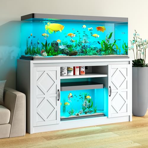 kepptory 55-90 Gallon Fish Tank Stand with Diamond Doors & Power Outlet, Heavy Duty Aquarium Stand with Cabinet Storage for Fish Tank, Turtle Tank Reptile Terrarium, 900LBS Capacity(White) - color: White, size: 53.5"L x 19.7"W x 31.6"H