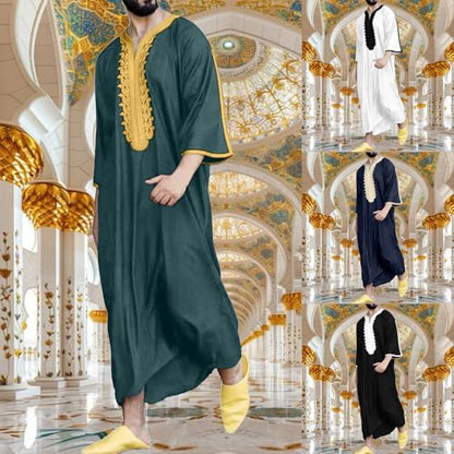 Muslim Robe for Men Arab Long Sleeve Kaftan Islamic Arabic Abaya Silk Thobe Ramadan Middle East Islamic Cloth Shirt Gown - color: #01-navy, size: Medium